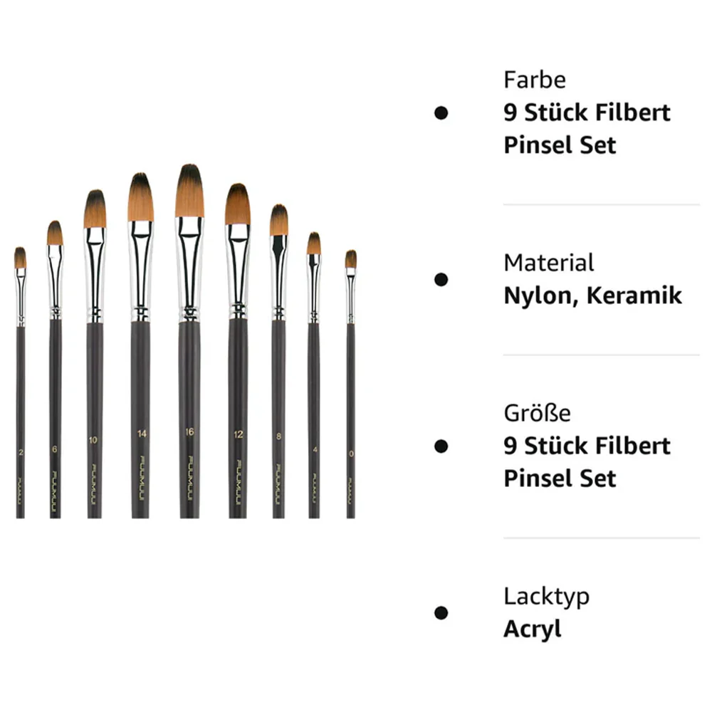 Fuumuui 9pcs Professional Nylon Hair Acrylic Brushes - Filbert - Image 6