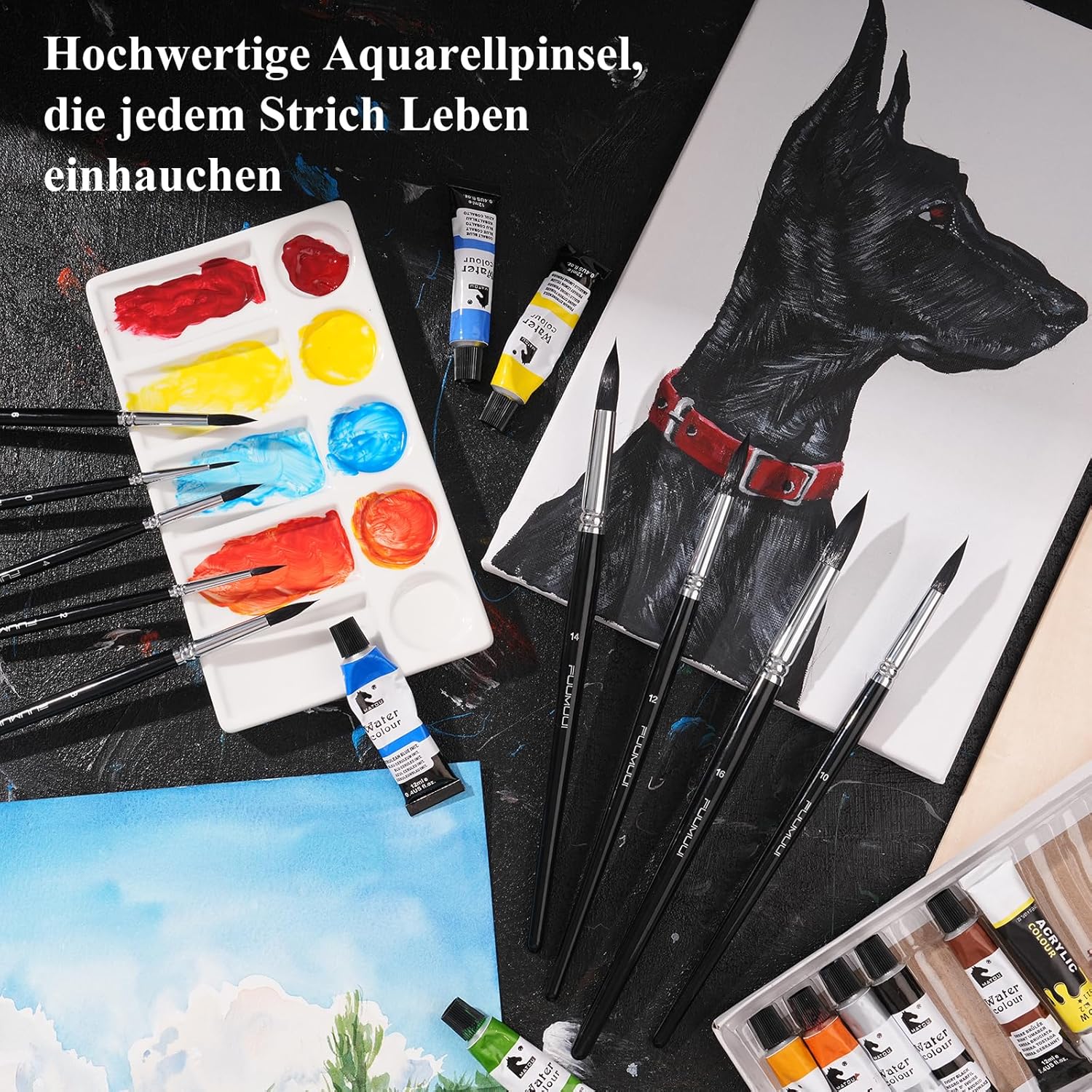 Fuumuui 9Pcs Synthetic Squirrel Hair Round Watercolor Brush Set - Image 7